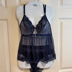 Mentionables Navy Lace & Mesh Babydoll with Panties- Women Intimates